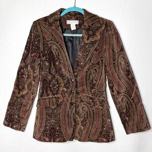 Vtg Velvet Blazer Sz M Brown Red Paisley 70s Style Collar Preppy EXCELLENT Sz 8